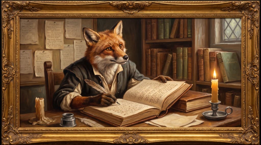 Lazlo Marlowe — red fox at a writing desk with quill, agent scriptwriter in an ornate gold frame